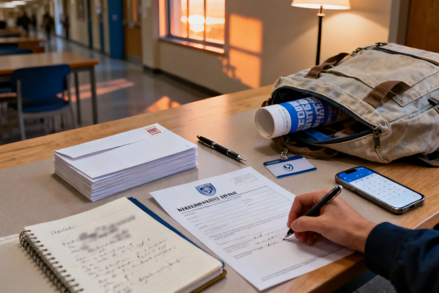 Stolik ze schludnymi formularzami członkowskimi, długopisem, kartą studencką i plecakiem z ulotką, sugerujący zapis do organizacji studenckich.