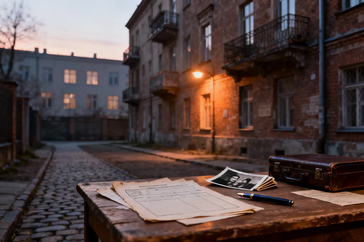 Pusta przedwojenna kamienica o świcie, na stole dokumenty i czarno-biała fotografia sugerujące badania historii getta w Rzeszowie