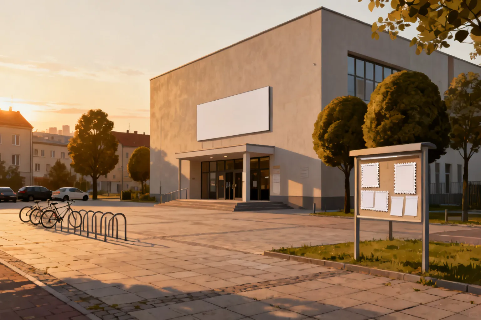 Fasada nowoczesnego domu kultury w Rzeszowie przy zadbanym placu z stojakiem na rowery i tablicą ogłoszeń, wieczorne ciepłe światło.