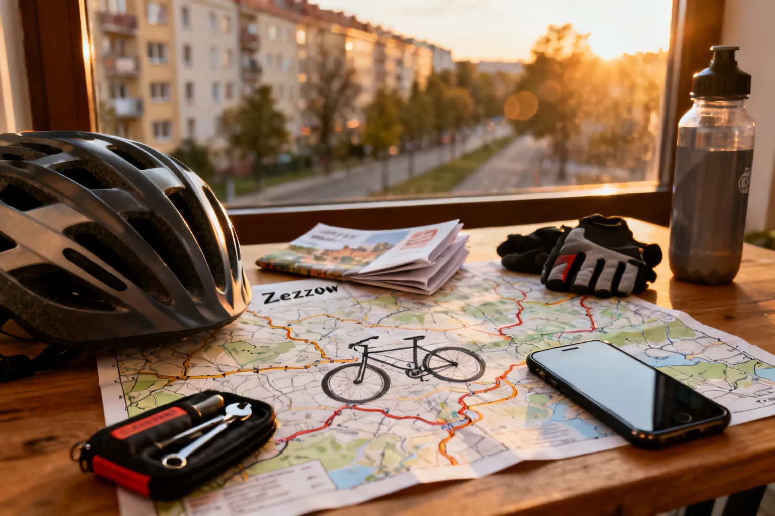 Stół z akcesoriami rowerzysty i ręcznie rysowaną mapą ścieżek Rzeszowa, przygotowanie do wieczornej wycieczki.