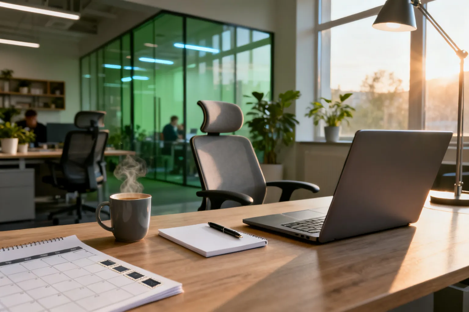 Przytulne stanowisko w coworkingu: drewniany biurko z zamkniętym laptopem, parującą kawą i notesem, widok na jasne, roślinne open space.