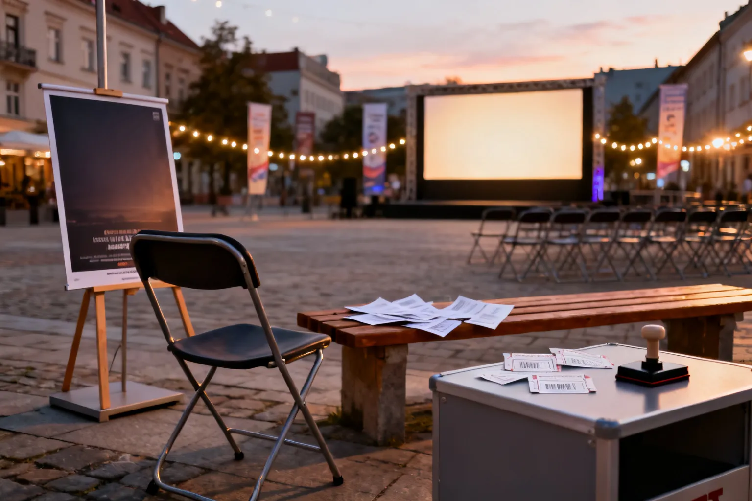 Pusty plenerowy seans filmowy w miejskim rynku: pusta krzesełko, kiosk z biletami i ekran wieczorem, atmosferyczne oświetlenie.