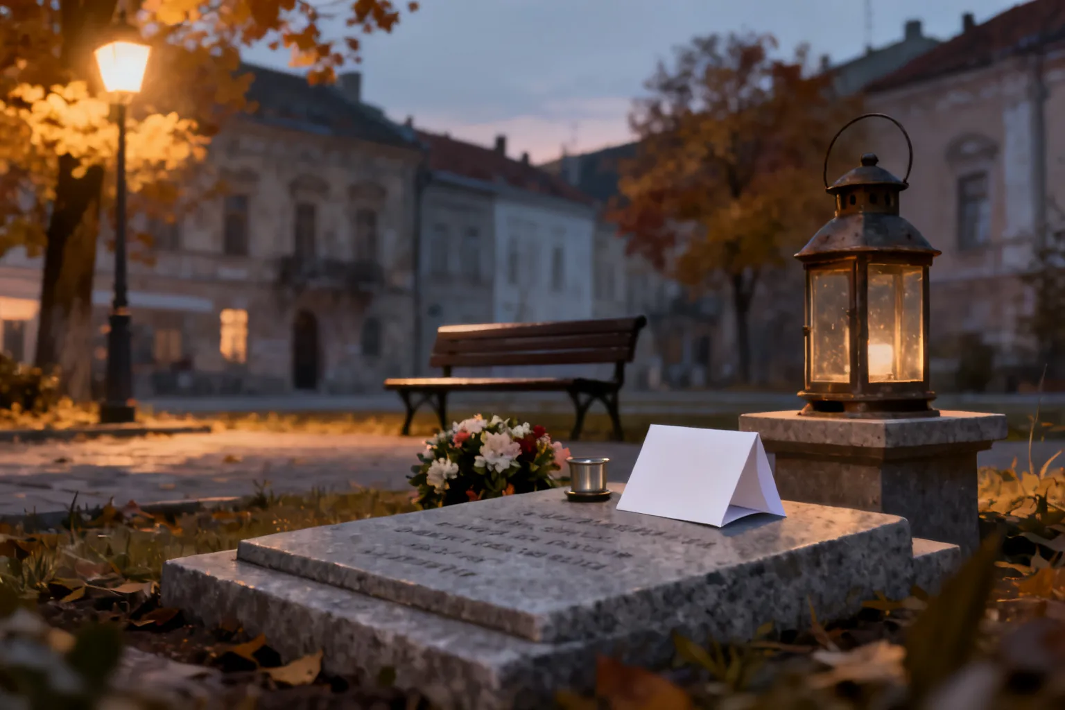 Skromny kącik pamięci żydowskiej w rzeszowskim rynku: kamienna tablica, lampka i świecznik przy ławeczce, jesienne światło.