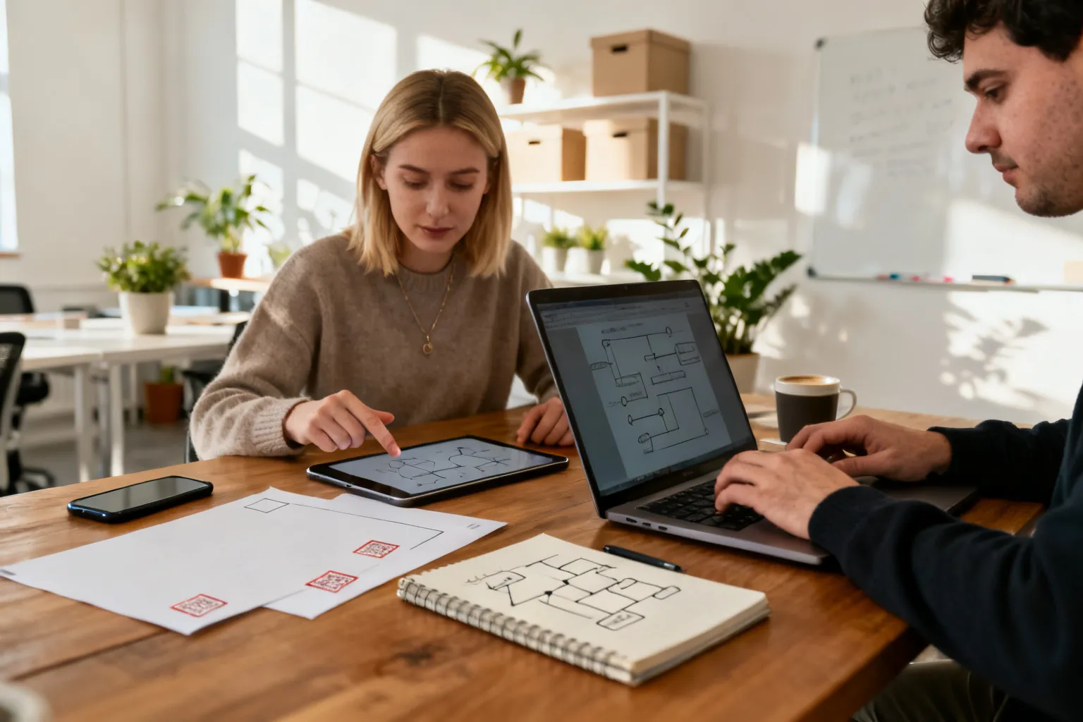 Zespół startupowy dyskutuje przy laptopie i tablecie w jasnym, przyjaznym coworkingu pokazującym współpracę i innowacje.