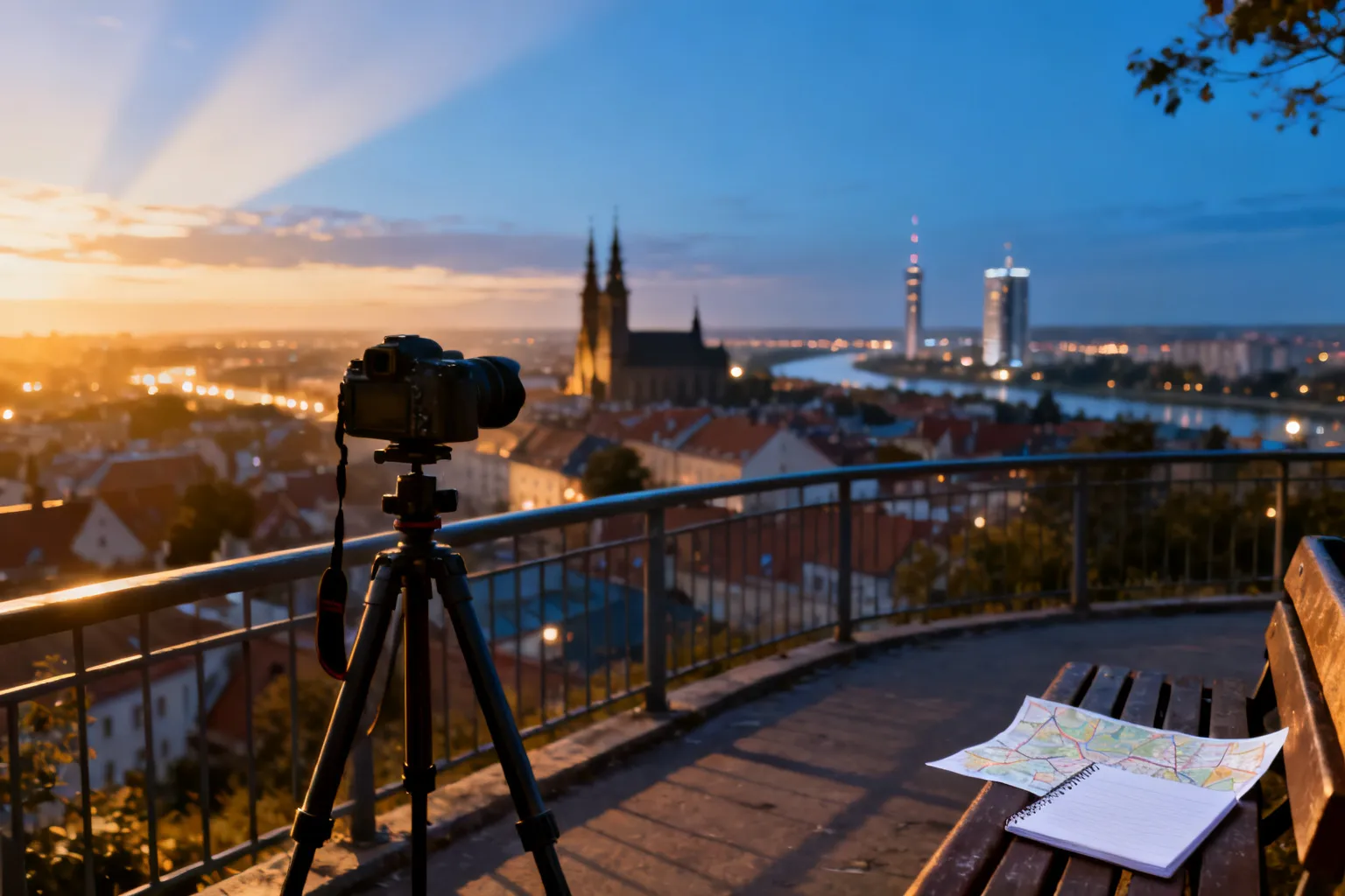 Pusta platforma widokowa z aparatem na statywie i mapą na ławce, złota godzina nad panoramą Rzeszowa, inspiracja do fotografii.
