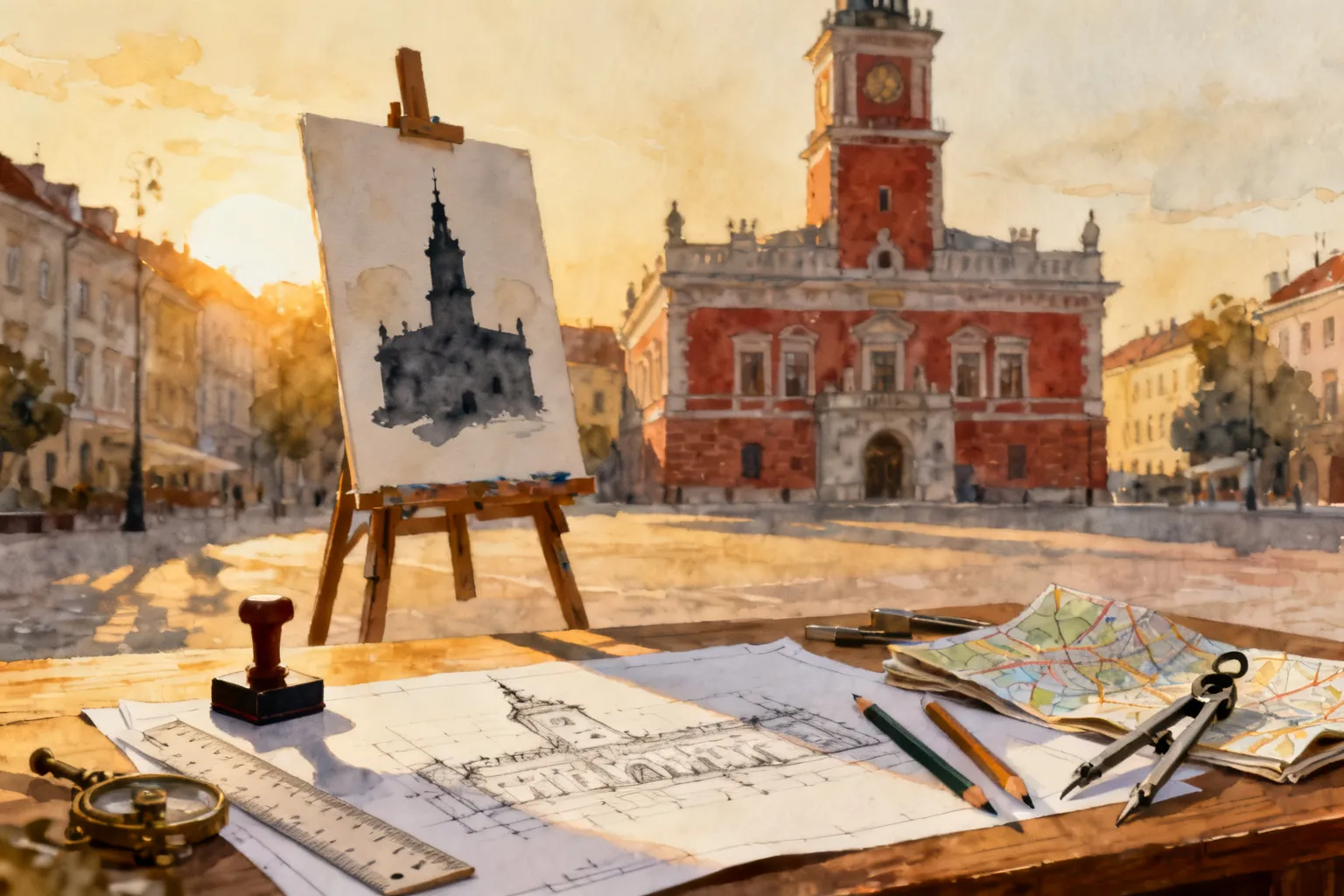 Artystyczne ujęcie ratusza w porannym świetle: stolik z narzędziami szkicownika i akwarelową studyjką ratusza w tle.