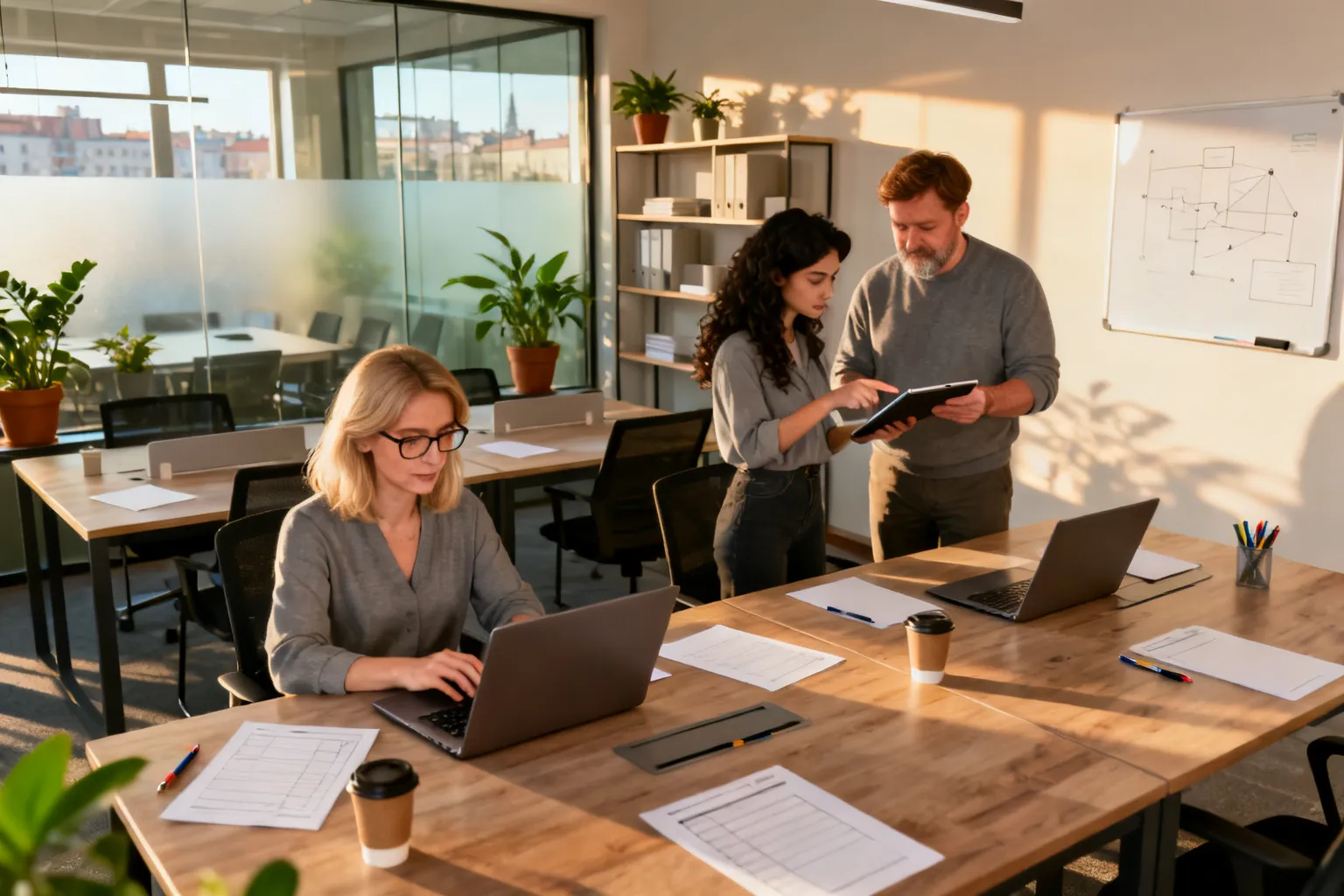 Wnętrze nowoczesnego inkubatora przedsiębiorczości w Rzeszowie: ludzie pracują w przyjaznej przestrzeni coworkingowej, dyskusje przy laptopach i tablecie.