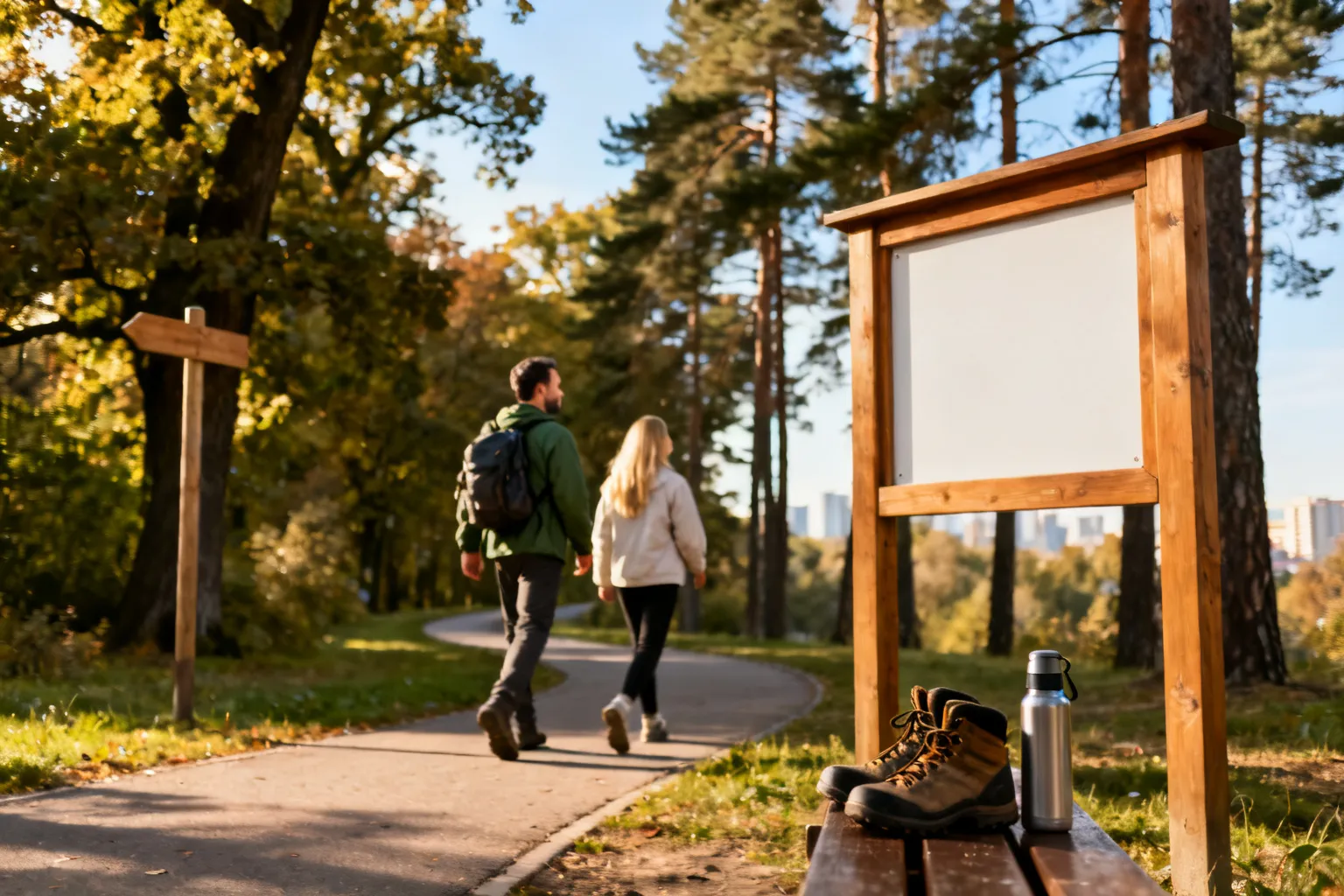 Miejska leśna ścieżka w Rzeszowie z drewnianym kierunkowskazem, mapą na tablicy i butami na ławce sugerującymi poranny spacer.