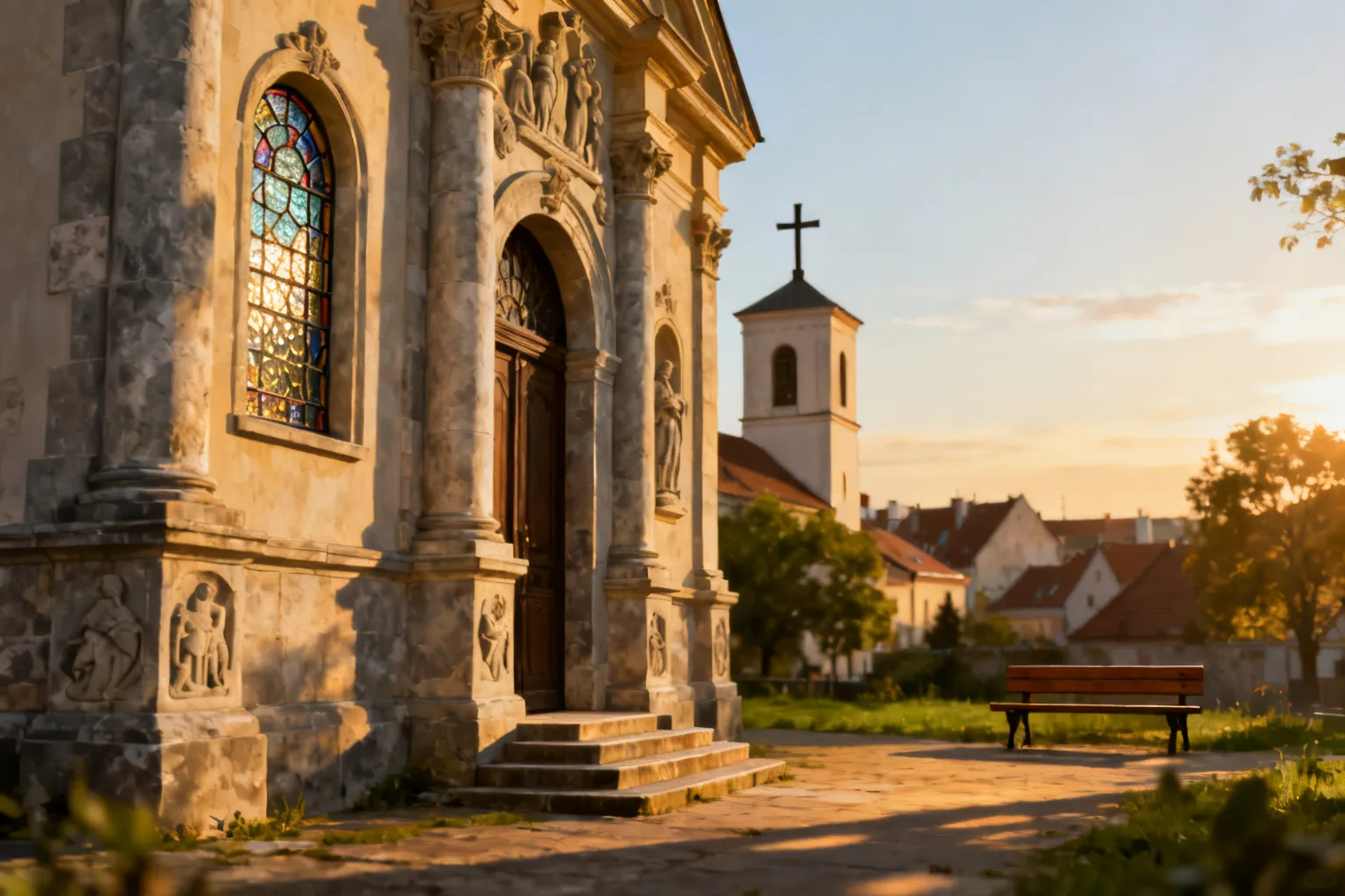 Fotorealistyczne zbliżenie na ozdobną kamienną fasadę kościoła z witrażem i wieżą, pokazujące typowe polskie detale architektoniczne.