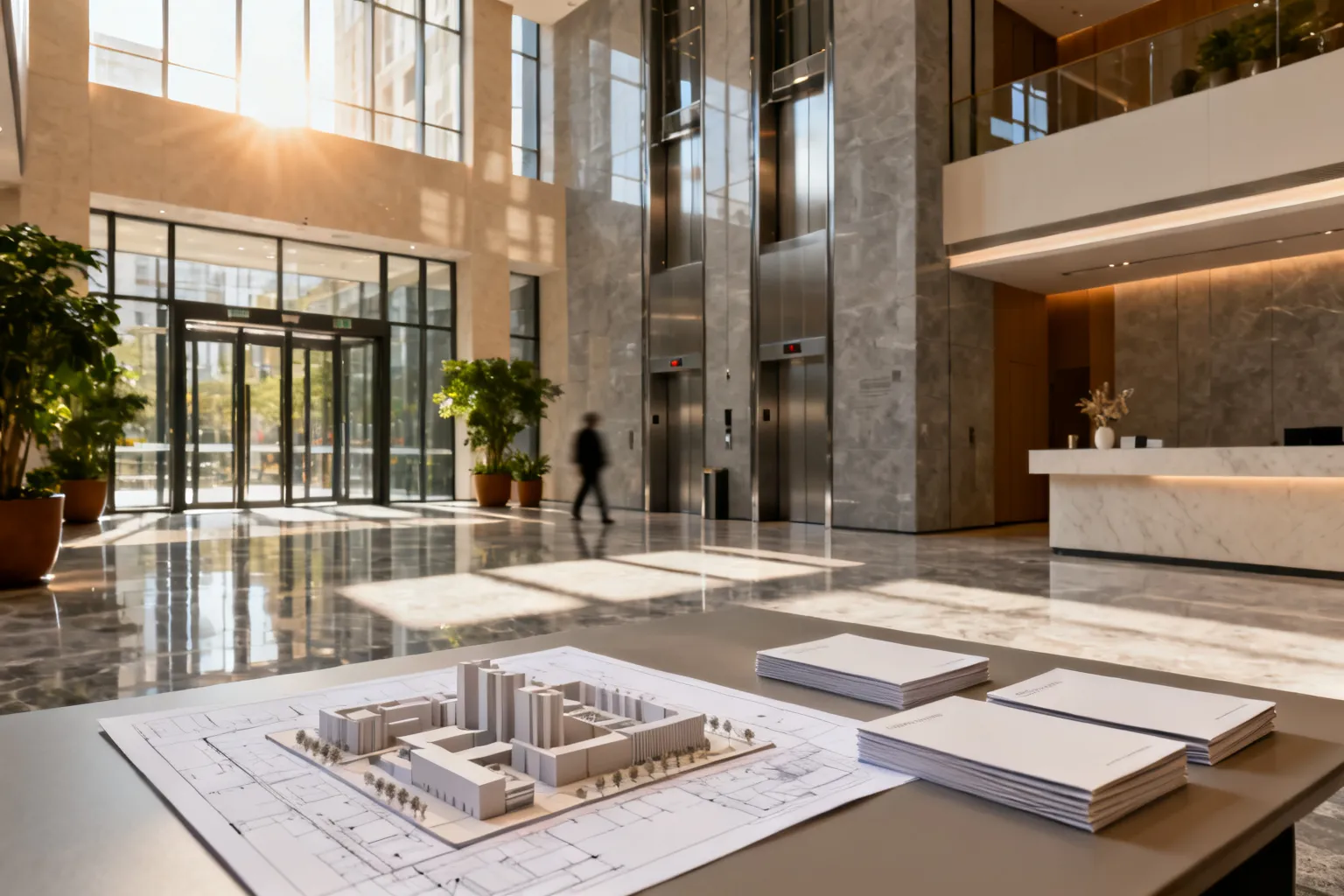 Wnętrze nowoczesnego lobby biurowca w Rzeszowie: szklane drzwi, polerowana podłoga, model architektoniczny i ulotki przy recepcji, jasny atrium.