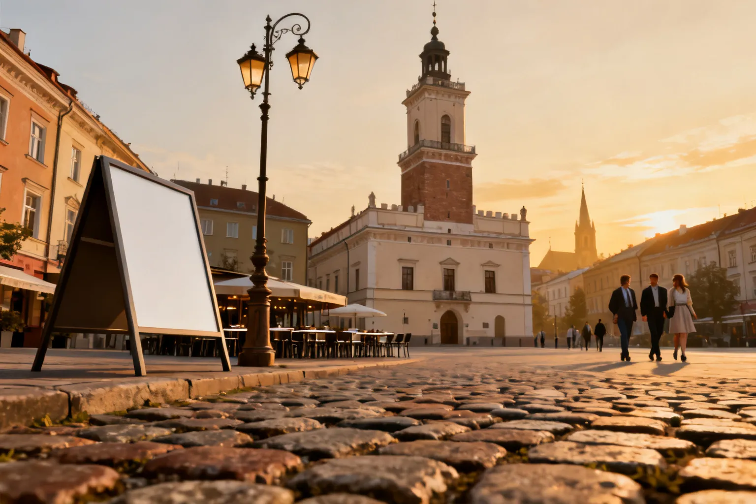 Widok rzeszowskiego rynku z detalami: bruk, stara latarnia, wieża ratusza, kawiarnia i przechodnie przy ciepłym wieczornym świetle.