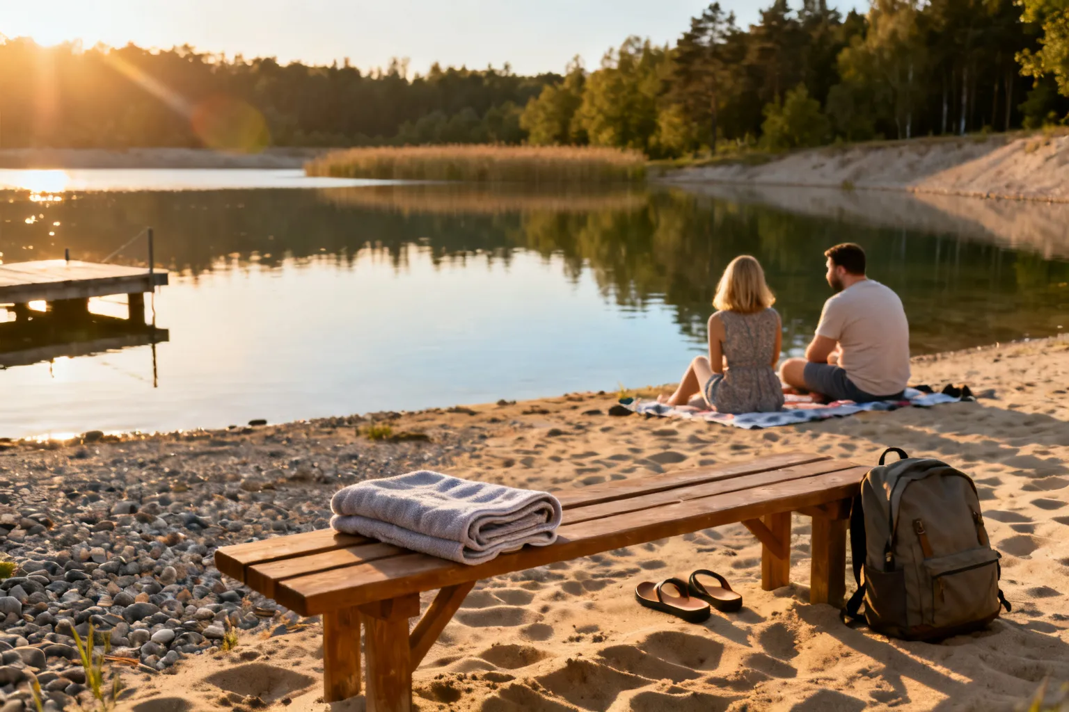 Słoneczny brzeg żwirowni o zmierzchu: ławka, ręcznik i sandały przy piasku, rodzinna piknikowa scena nad spokojną wodą.