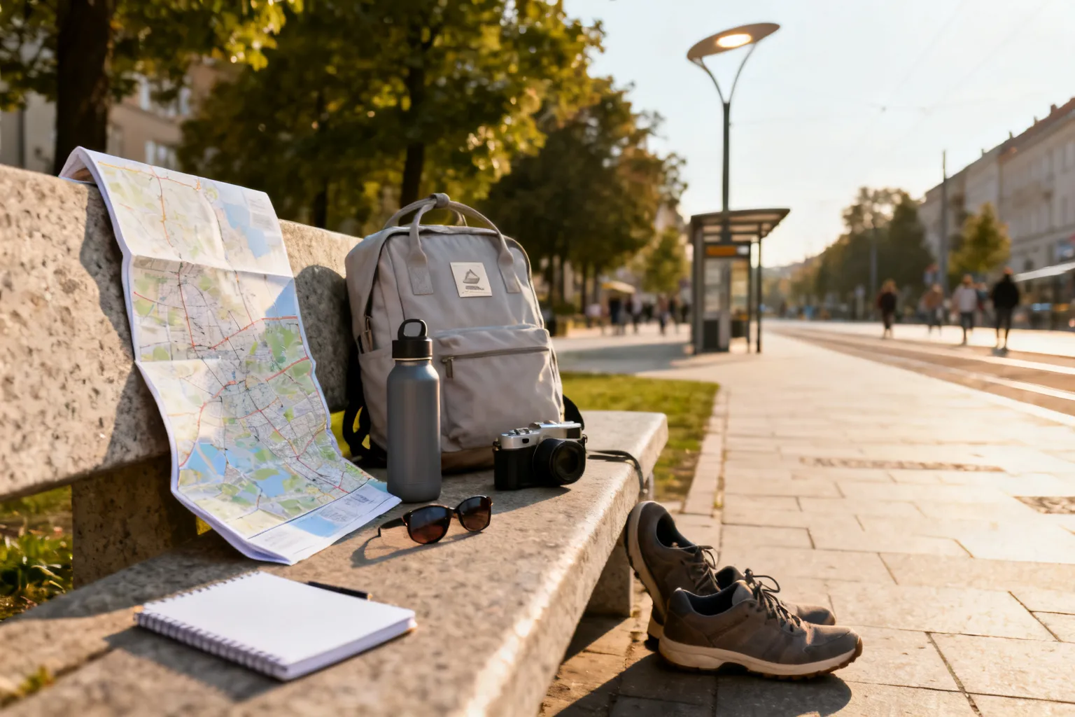 Przygotowany zestaw na piesze zwiedzanie Rzeszowa: mapa, buty, plecak, butelka i aparat na kamiennej ławce w porannym świetle.