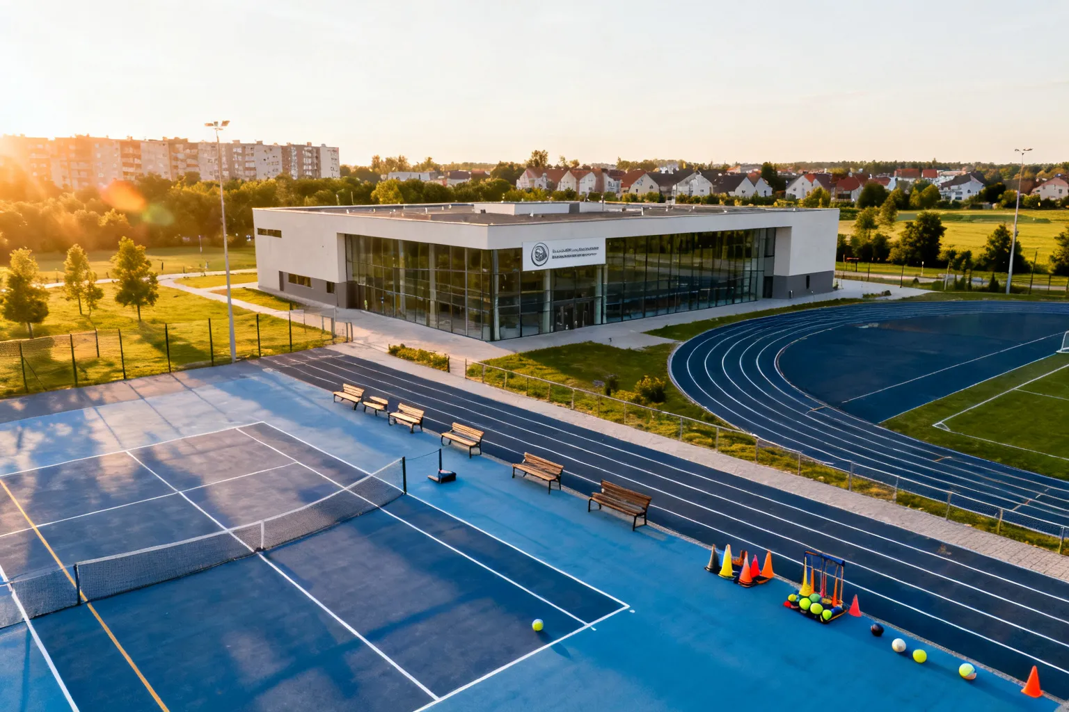 Widok z góry nowoczesnego kompleksu sportowego w Rzeszowie: boisko wielofunkcyjne, bieżnia i hala przy zadbanym osiedlu w złotym świetle.