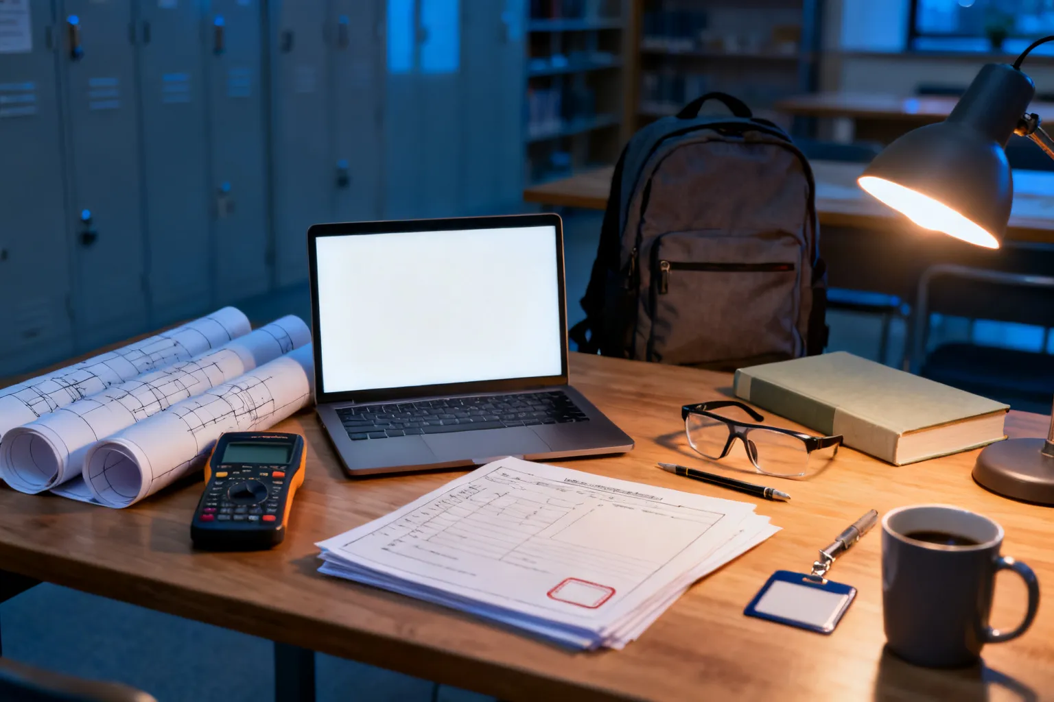Biurko studenta kierunków technicznych: laptop, nieopisane plany, kalkulator, multimetr, okulary ochronne i identyfikator, gotowe do nauki.