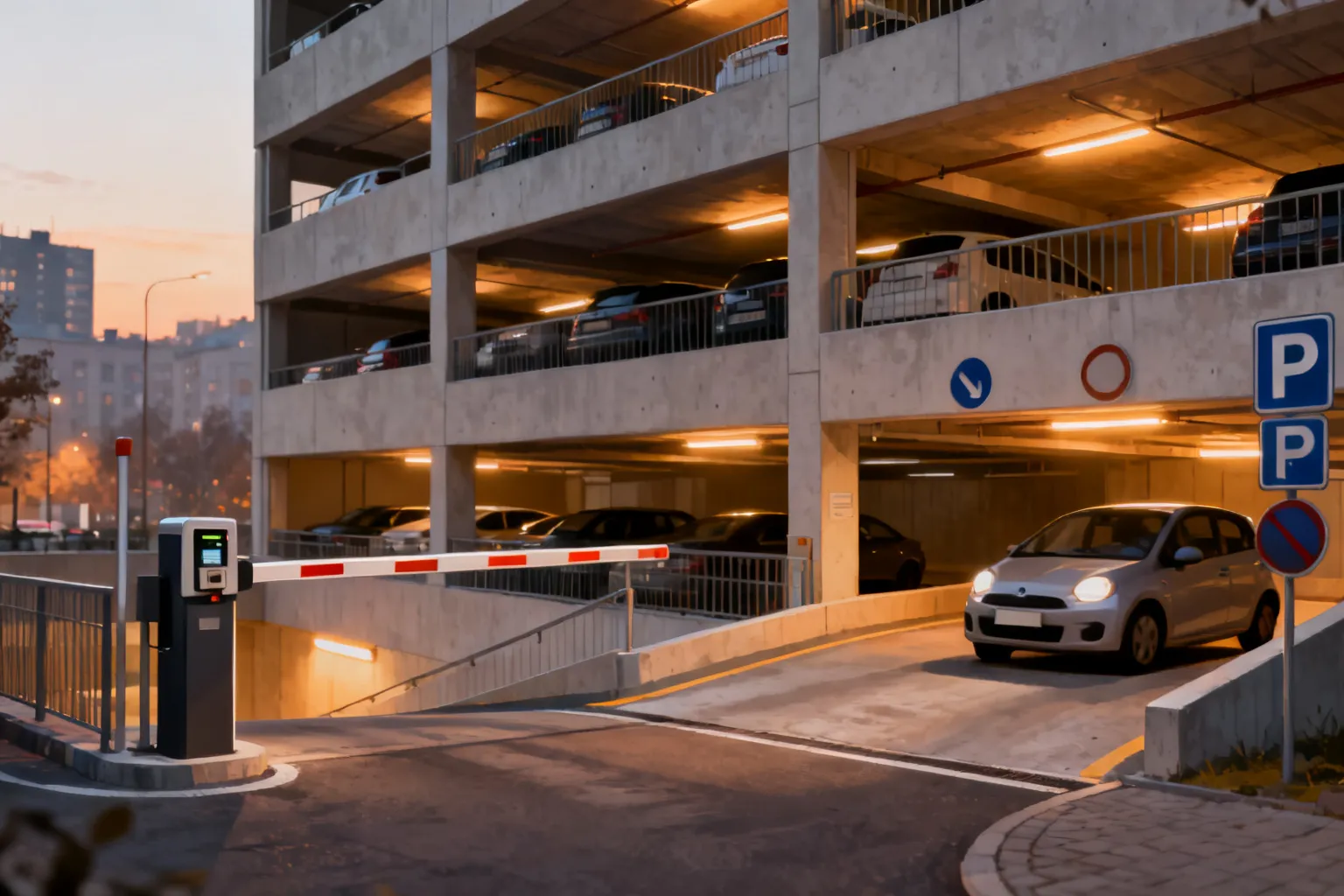 Widoczny nowoczesny, wielopoziomowy parking w Rzeszowie z podjazdem, szlabanem i parkomatem, oświetlony wieczornym światłem.