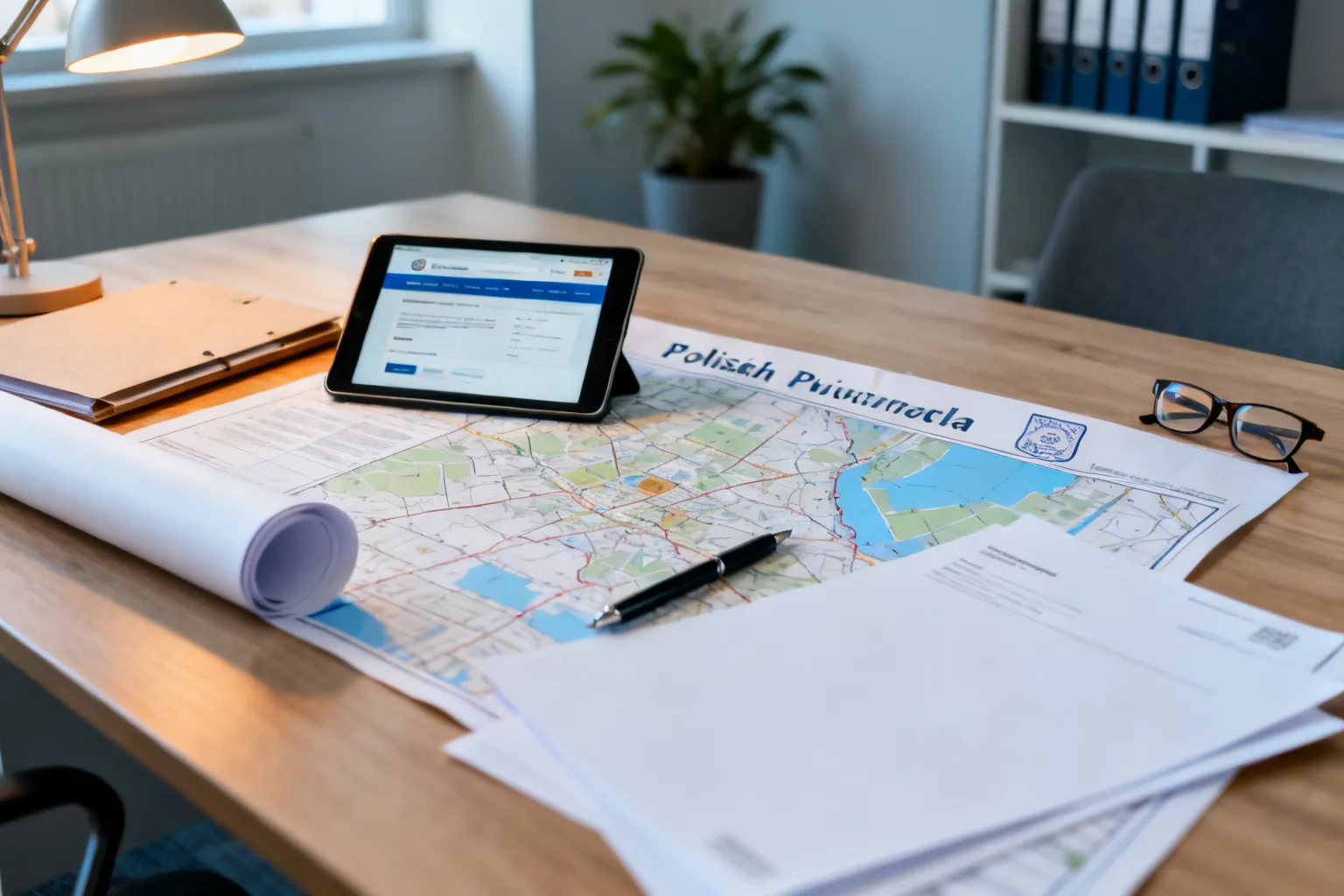 Puste arkusze i częściowo rozwinięta mapa zagospodarowania na biurku oraz tablet z formularzem — przygotowanie dokumentów planistycznych do weryfikacji.