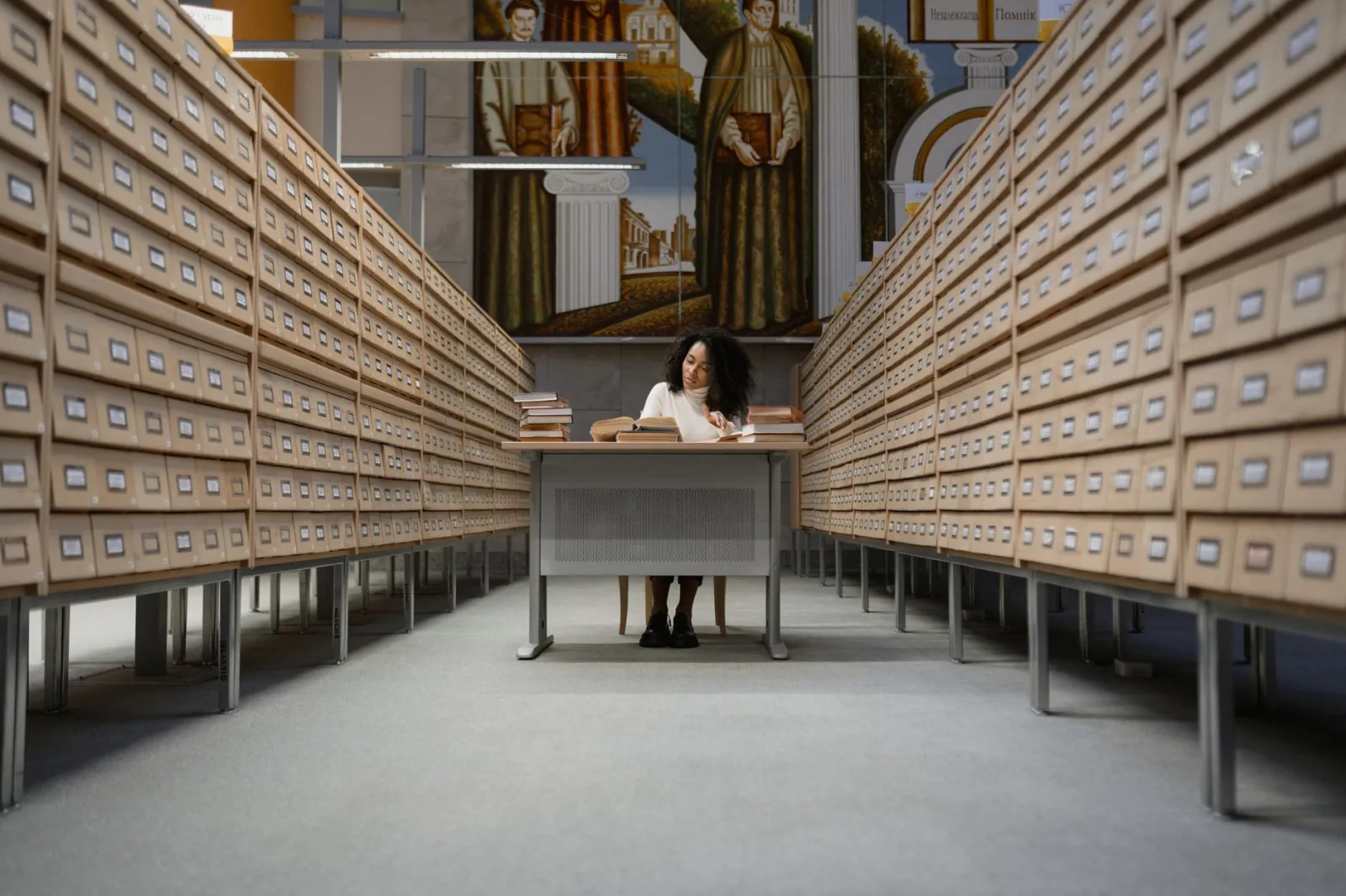 A young woman studying at a desk surrounded by card catalog drawers in a library.