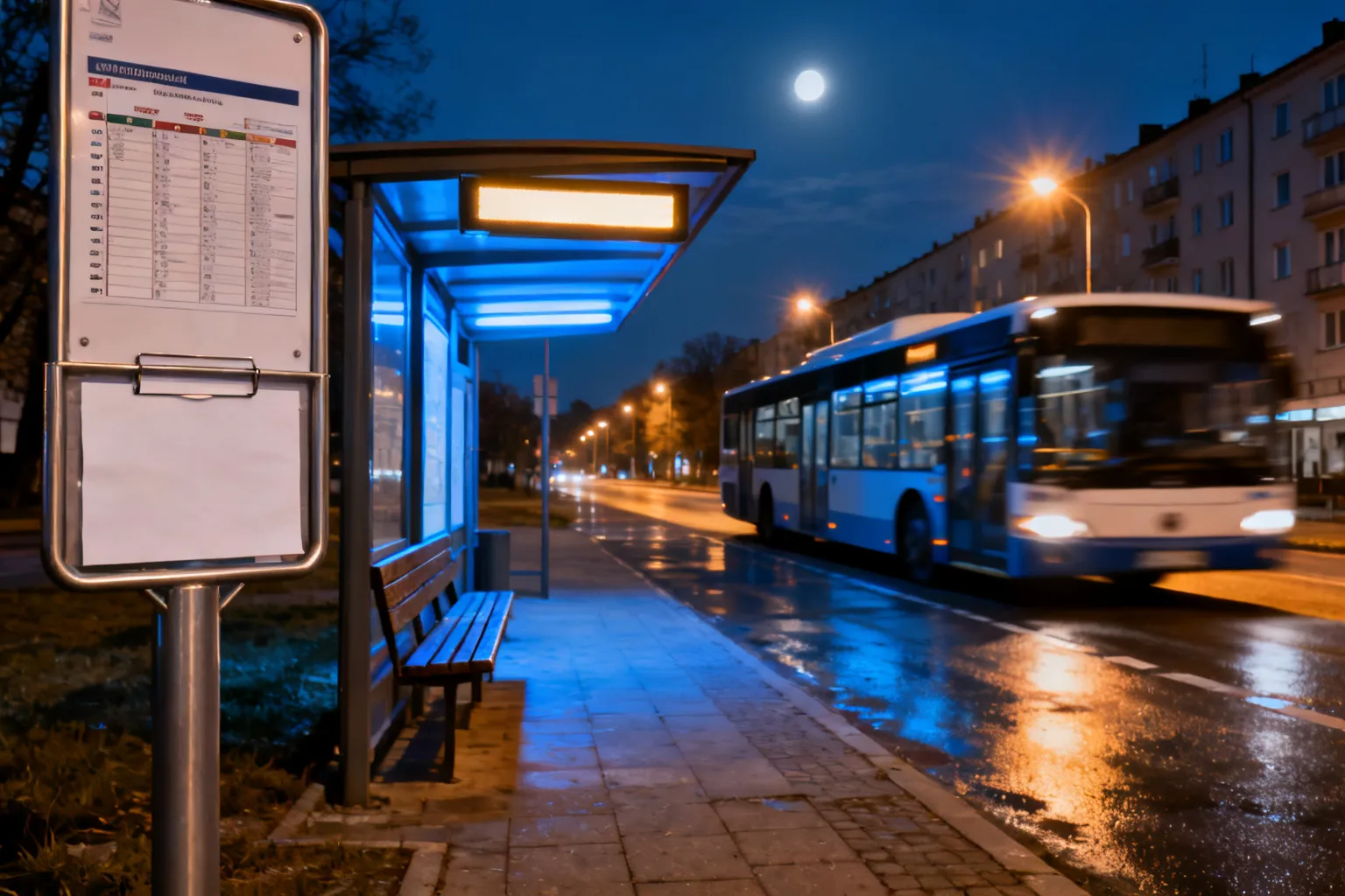 Nocny, pusty przystanek autobusowy w Rzeszowie: oświetlona wiata, zaparkowany niskopodłogowy autobus i mokry chodnik odbijający światła.