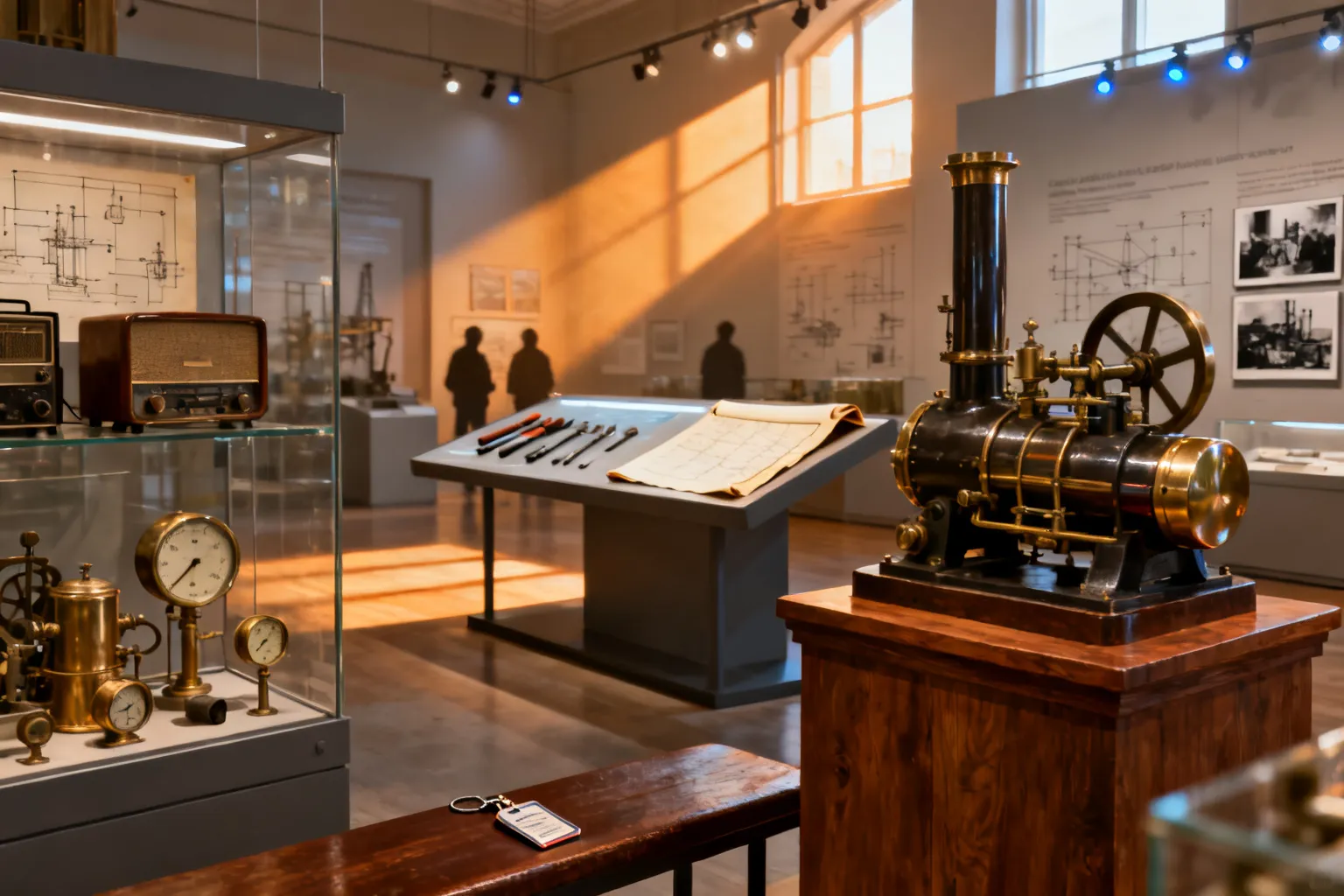 Wnętrze lokalnego muzeum techniki z gablotami, zabytkowymi przyrządami i modelem parowozu, o ciepłym świetle popołudniowym.