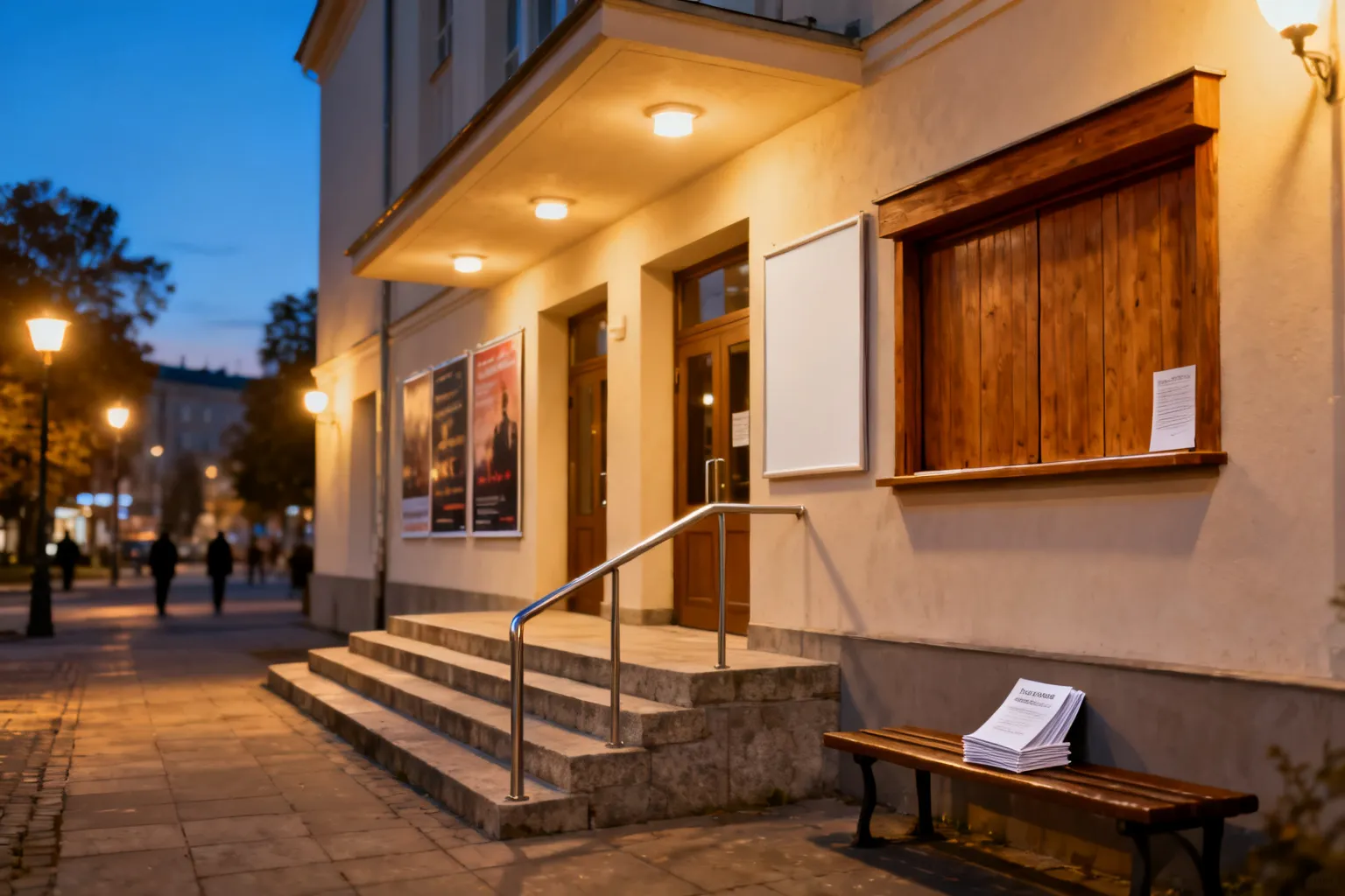 Elewacja regionalnego teatru w ciepłym, wieczornym świetle; puste schody, zamknięte okienko kasa i puste plakaty sugerujące zapowiedź repertuaru.