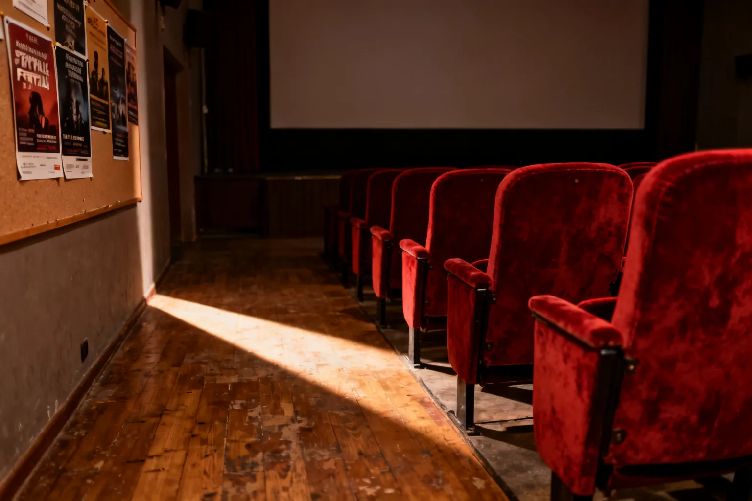 Przytulne, niewielkie kino studyjne w Rzeszowie z czerwonymi welurowymi fotelami, ekranem i plakatami festiwalowymi w bocznym kąciku.